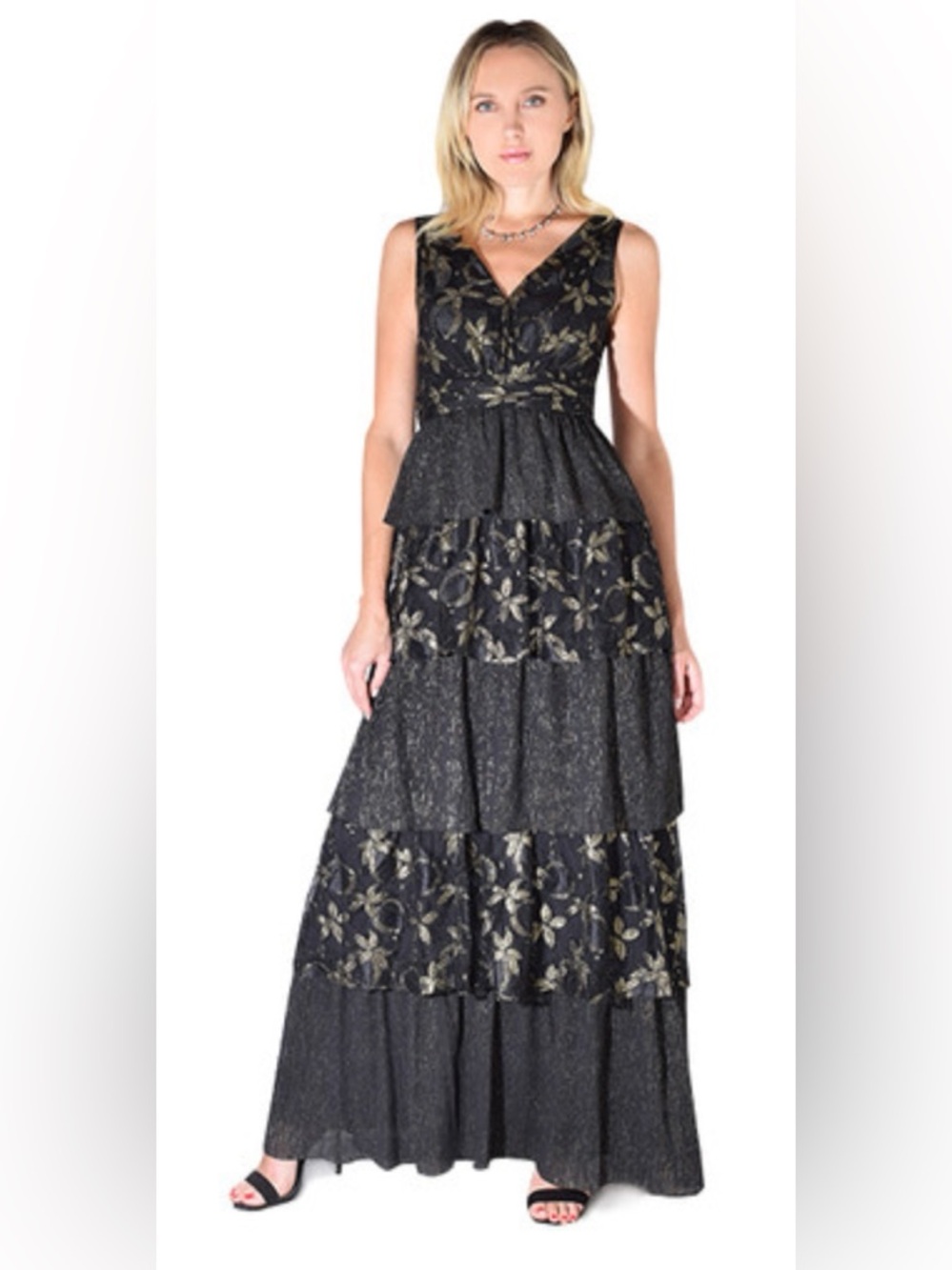 Rachel Zoe Payten Layered Black Maxi Dress with Gold Floral Overlay